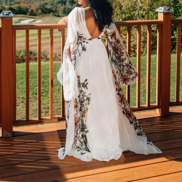 Ivory Embroidered Botanical Floral Dress | Flower Embroidery Wedding Dress - Picture 3 of 5